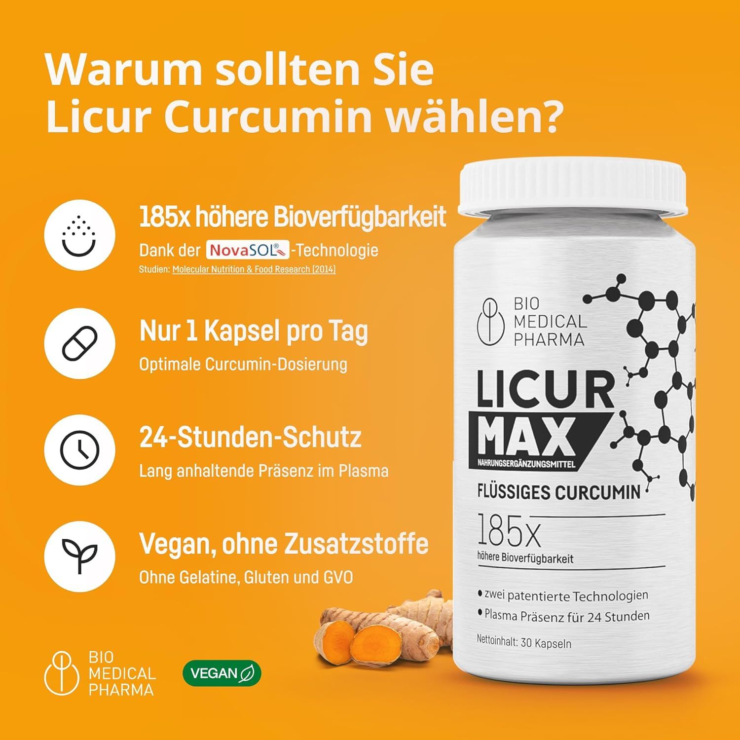 Bio Medical Pharma Licur Max Kurkuma Capsules: flesje met kurkumawortels en tekst.