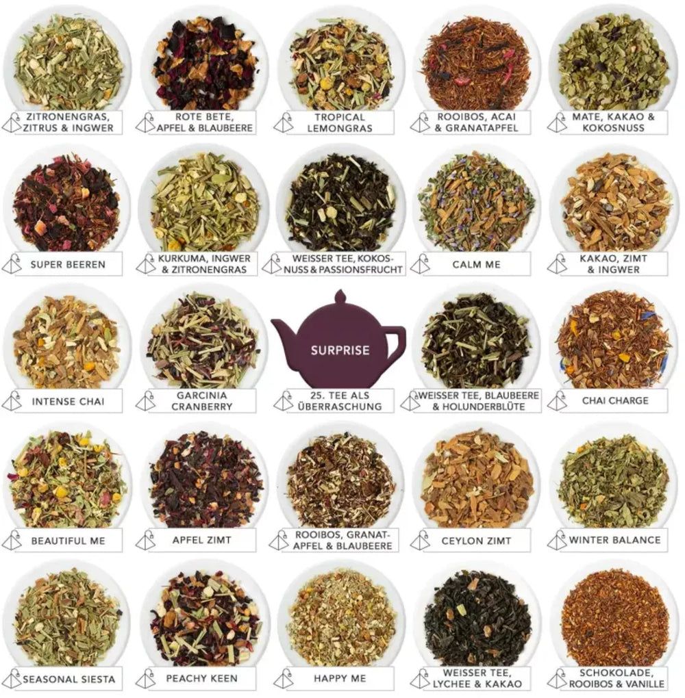 25 variétés de thé différentes dans de petits bols. Libellés des variétés. Thé surprise dans un graphique de théière.