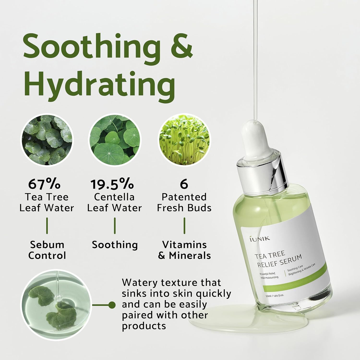 Flacon iUNIK Tea Tree Relief Serum. Texte: apaisant & hydratant. Ingrédients: arbre à thé, Centella, jeunes pousses.