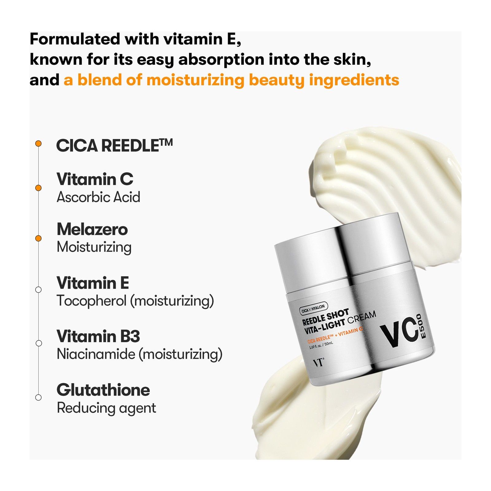 VT Cosmetics Reedle Shot Vita-Light Cream avec liste des ingrédients tels que Cica Reedle, Vitamine C, E, B3.