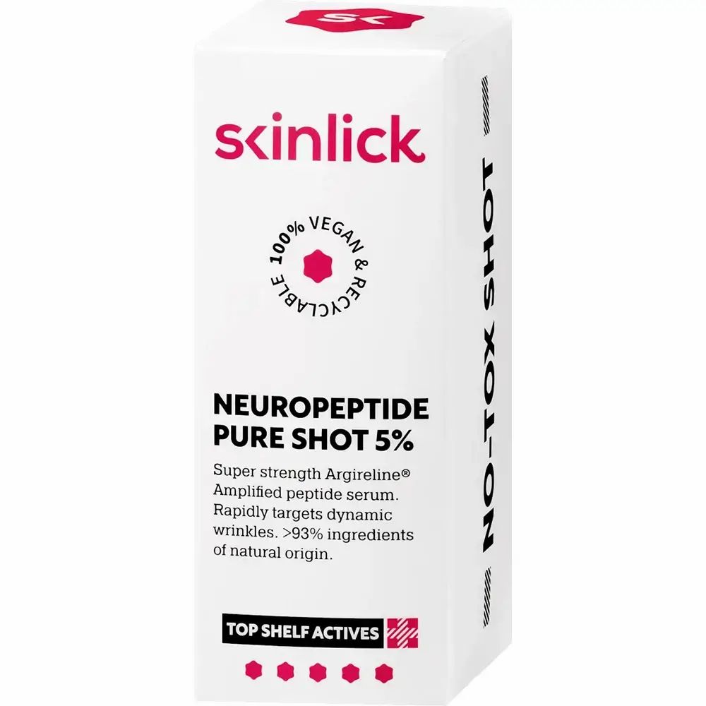 Emballage blanc. Skinlick, Neuropeptide Pure Shot 5%. Vegan et recyclable. Texte : No-Tox Shot.