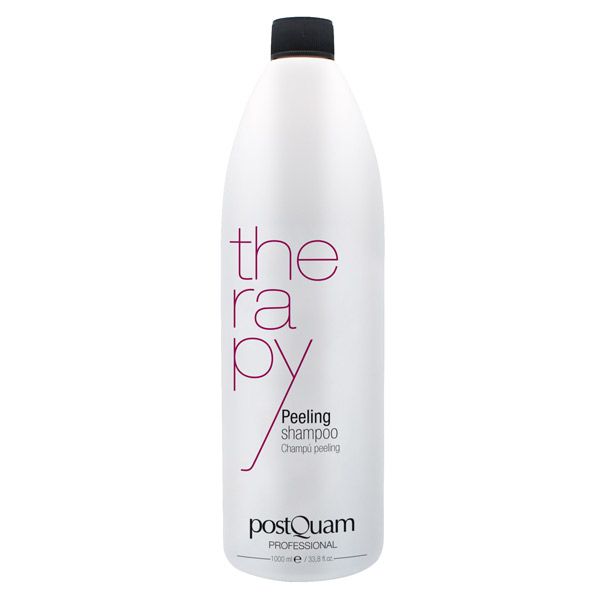 Witte fles met zwarte dop. Opschrift "therapy" en "Peeling shampoo". Merk: Postquam Professional.