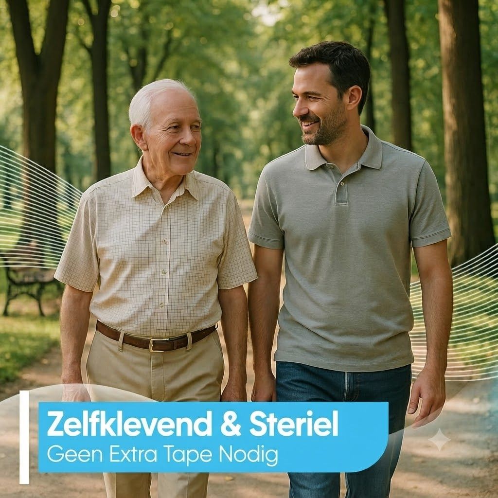 Twee mannen lopen in een park. De jongere man lacht naar de oudere man.