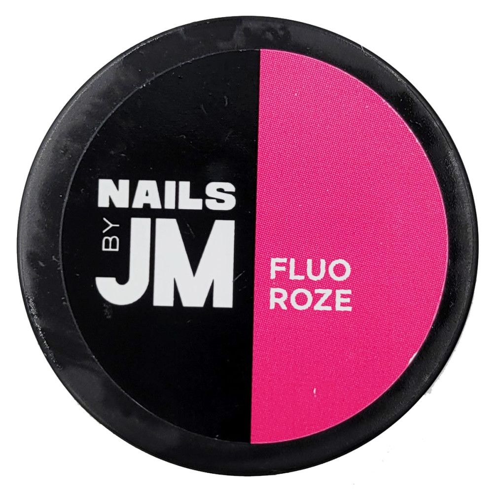 Contenant rond, divisé en noir et rose. Sur le noir, "NAILS BY JM". Sur le rose, "FLUO ROZE".
