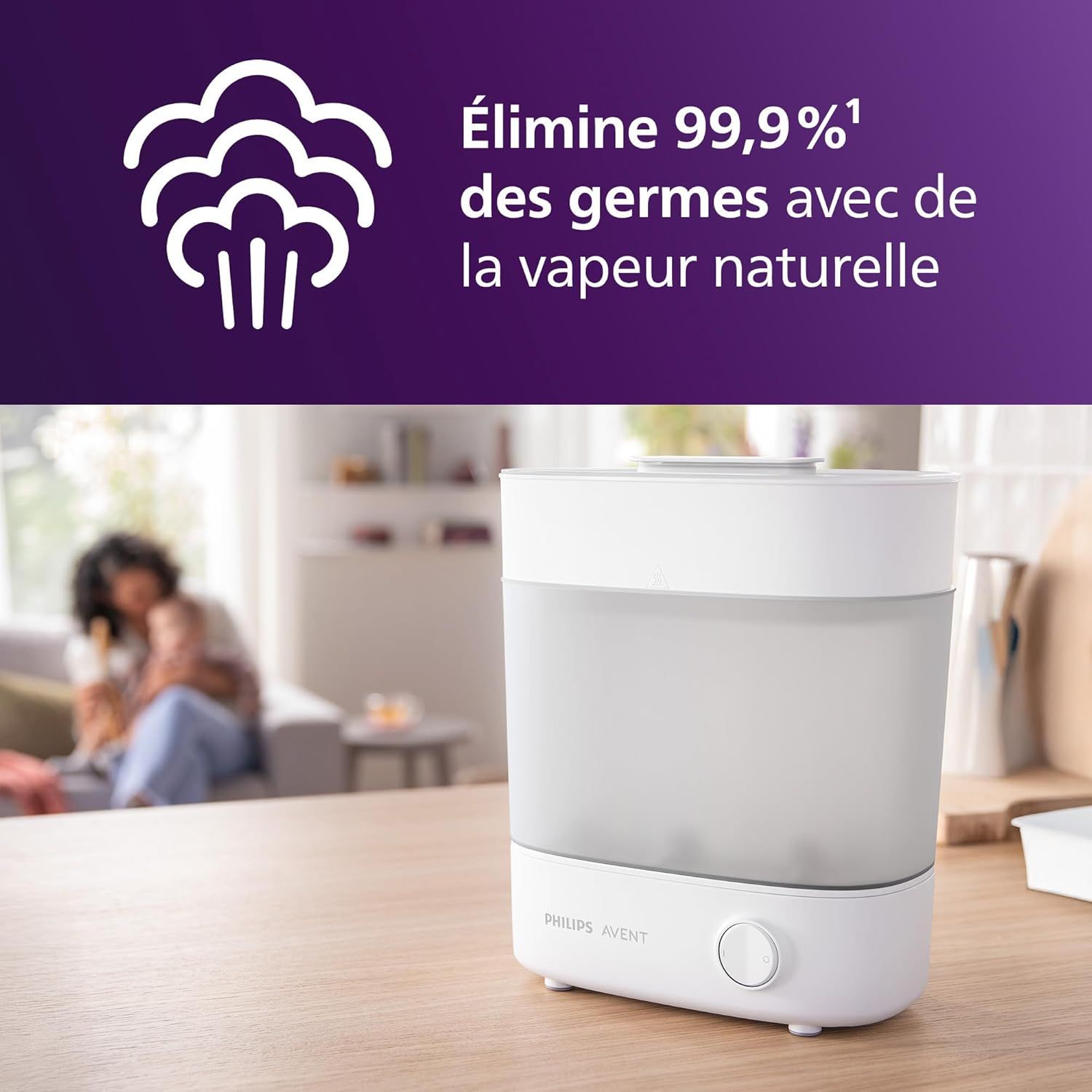 Gros plan d'une main appuyant sur le bouton d'un stérilisateur Philips Avent, avec un cercle violet indiquant '6 min'.