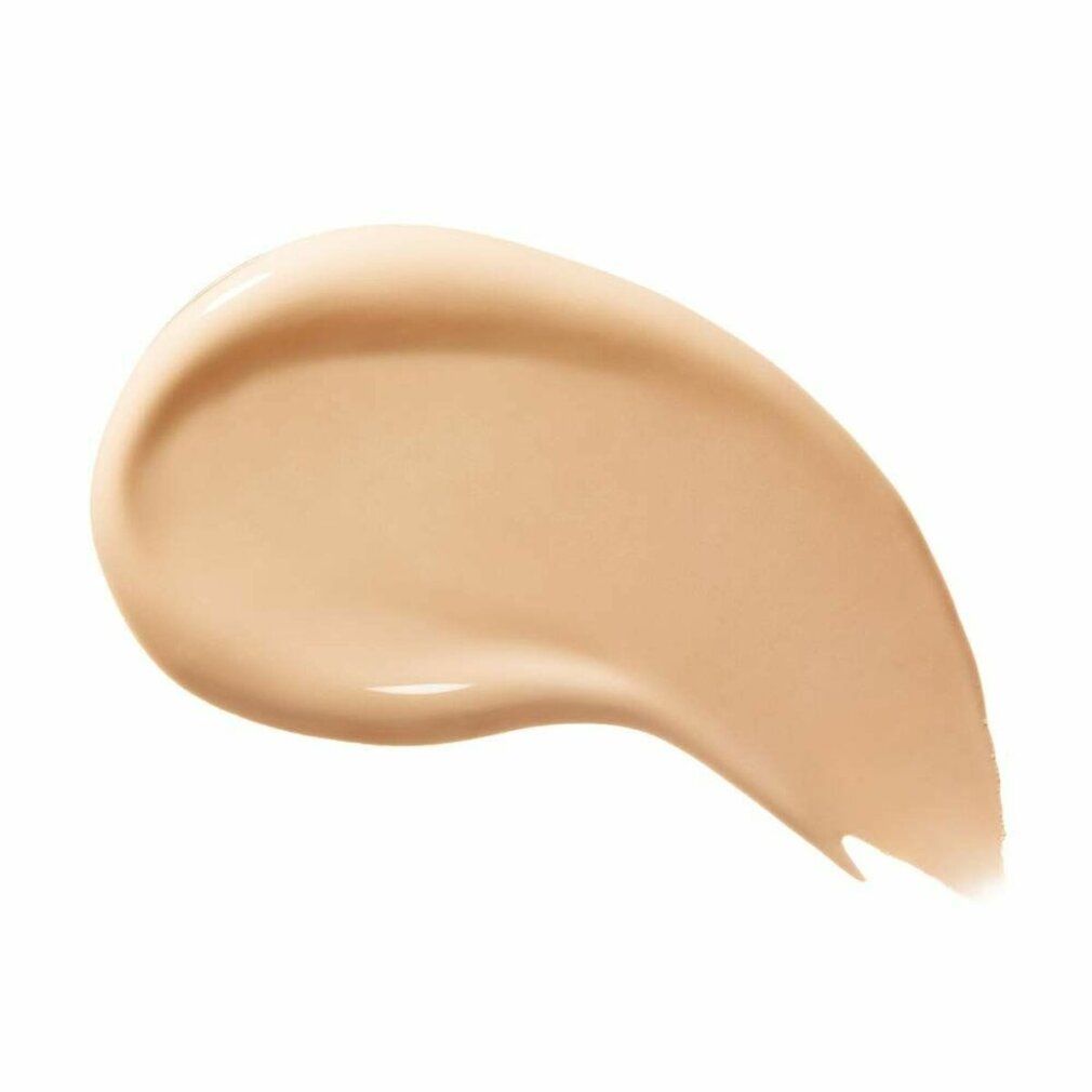 Échantillon de fond de teint Shiseido Synchro Skin Radiant Lifting 220 Linen. Teinte beige, en forme de goutte sur fond blanc.