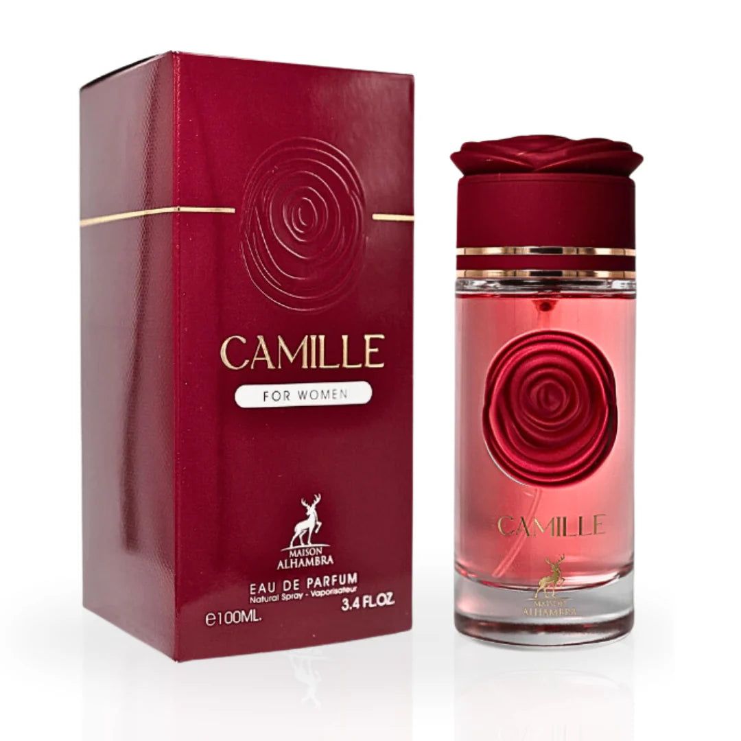 Flacon de parfum et emballage. Flacon avec bouchon rouge. "Camille" est écrit sur l'emballage.