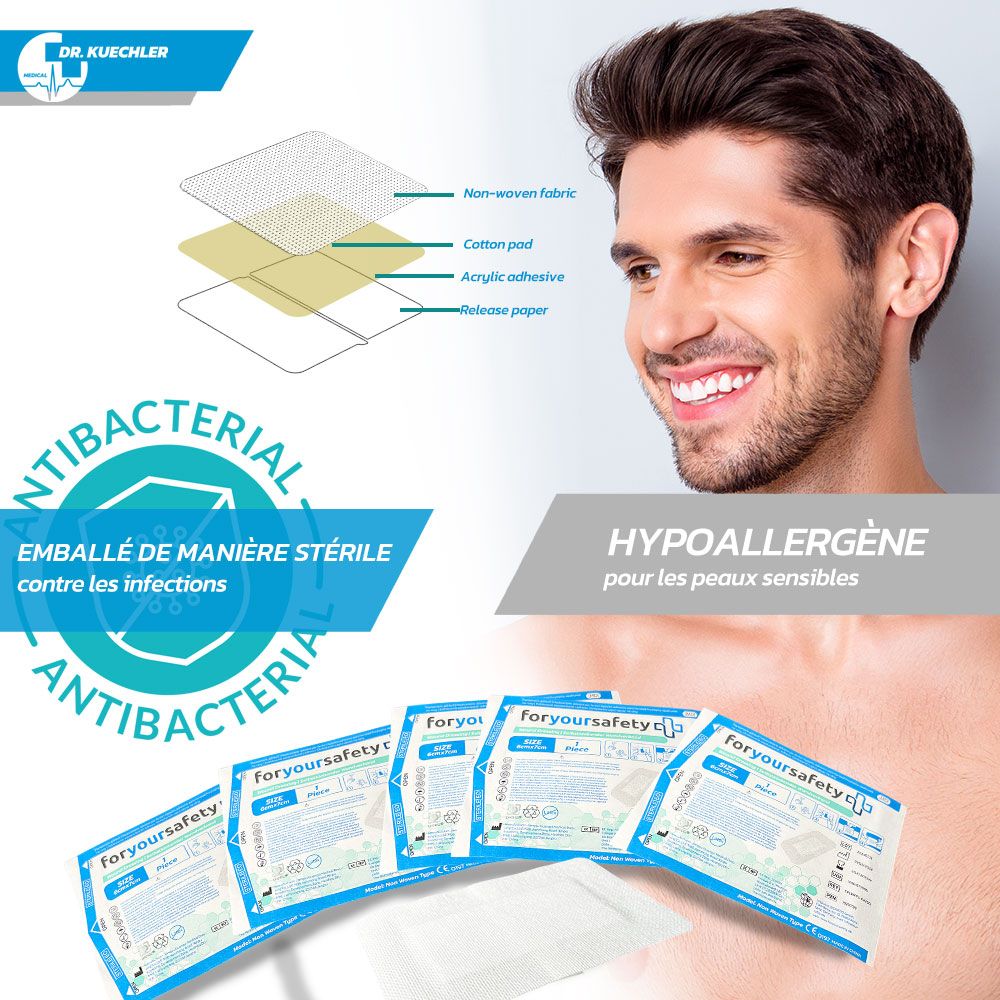 Couches de pansements. Antibactérien. Hypoallergénique. Marque: Dr. Kuechler. Pour peaux sensibles.