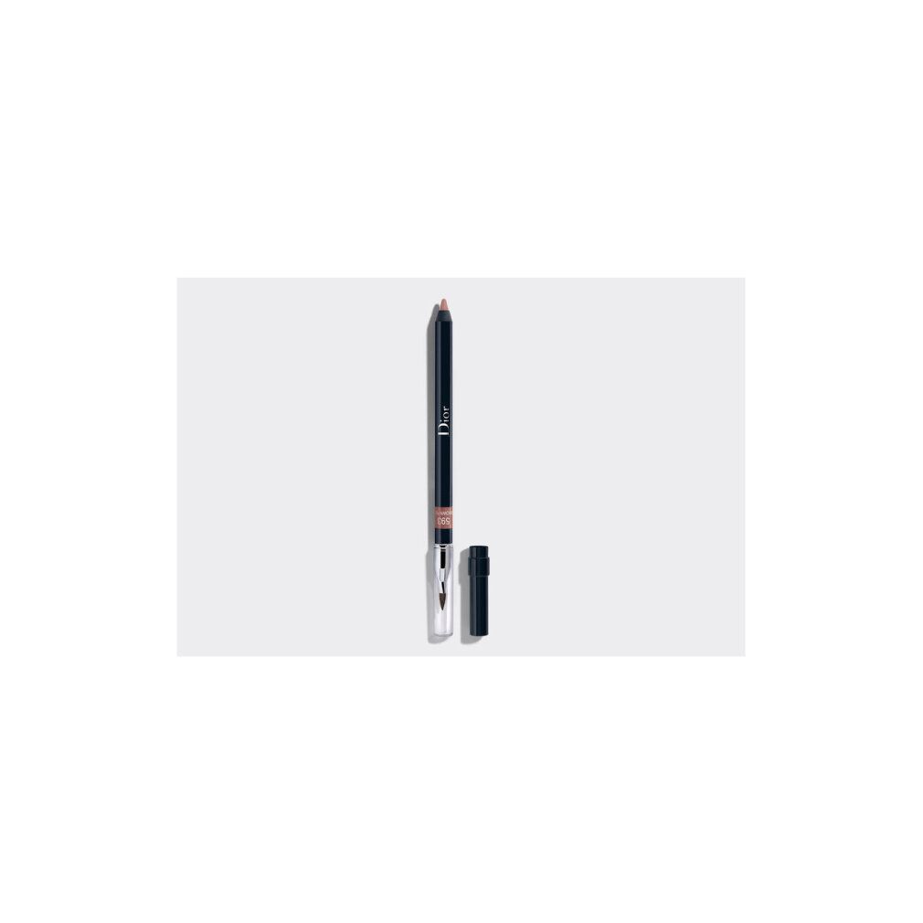 Crayon contour des lèvres bleu foncé avec capuchon noir. Le crayon est partiellement transparent. Dior est écrit dessus.