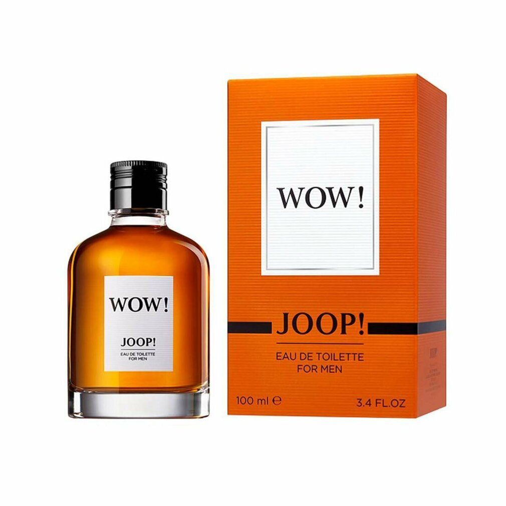 Joop Wow Eau de Toilette pour homme. Flacon et emballage. Boîte orange avec WOW! et JOOP! 100 ml.