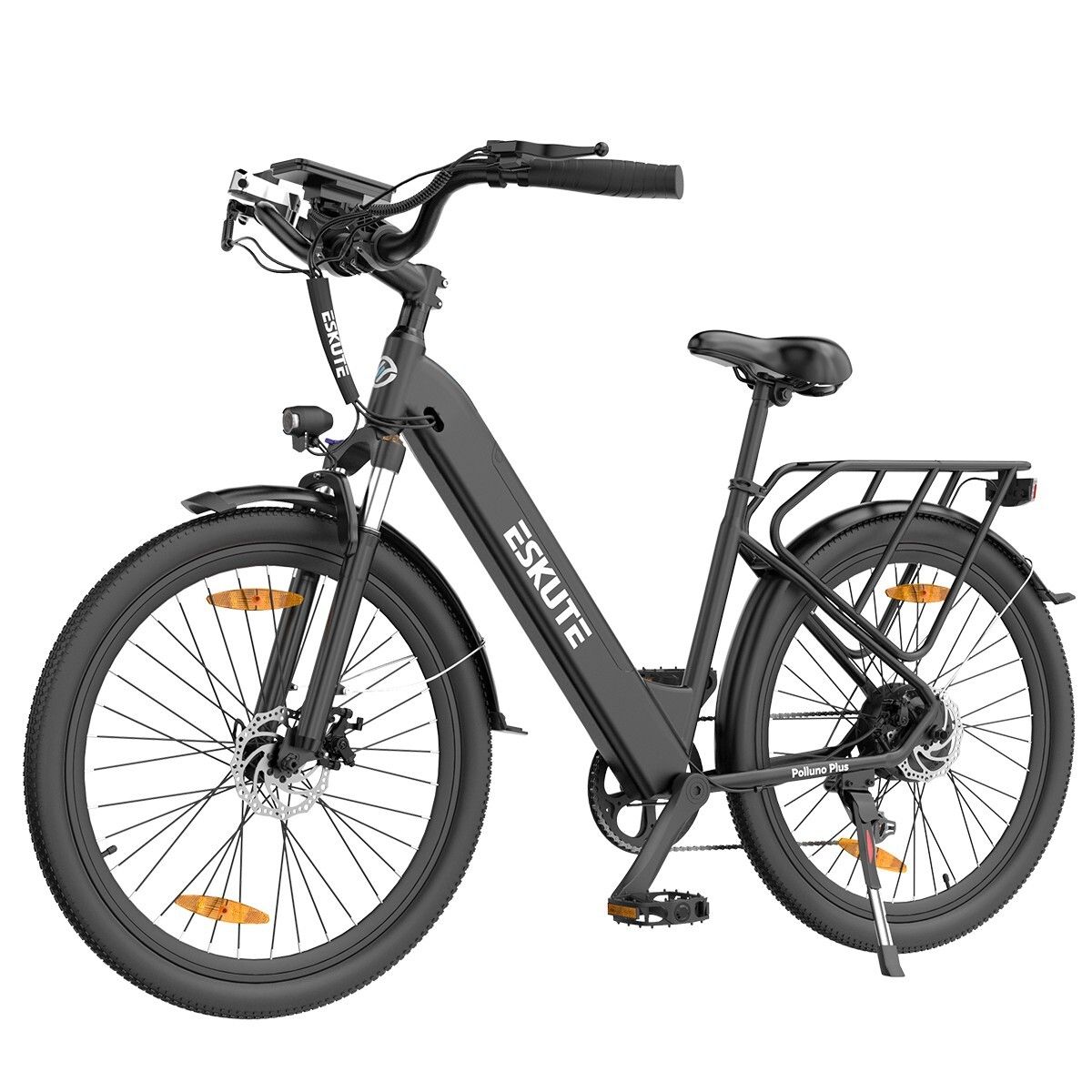 Vélo électrique ESKUTE Polluno Plus noir. Porte-bagages, garde-boue, phare. Batterie 36V 20Ah.