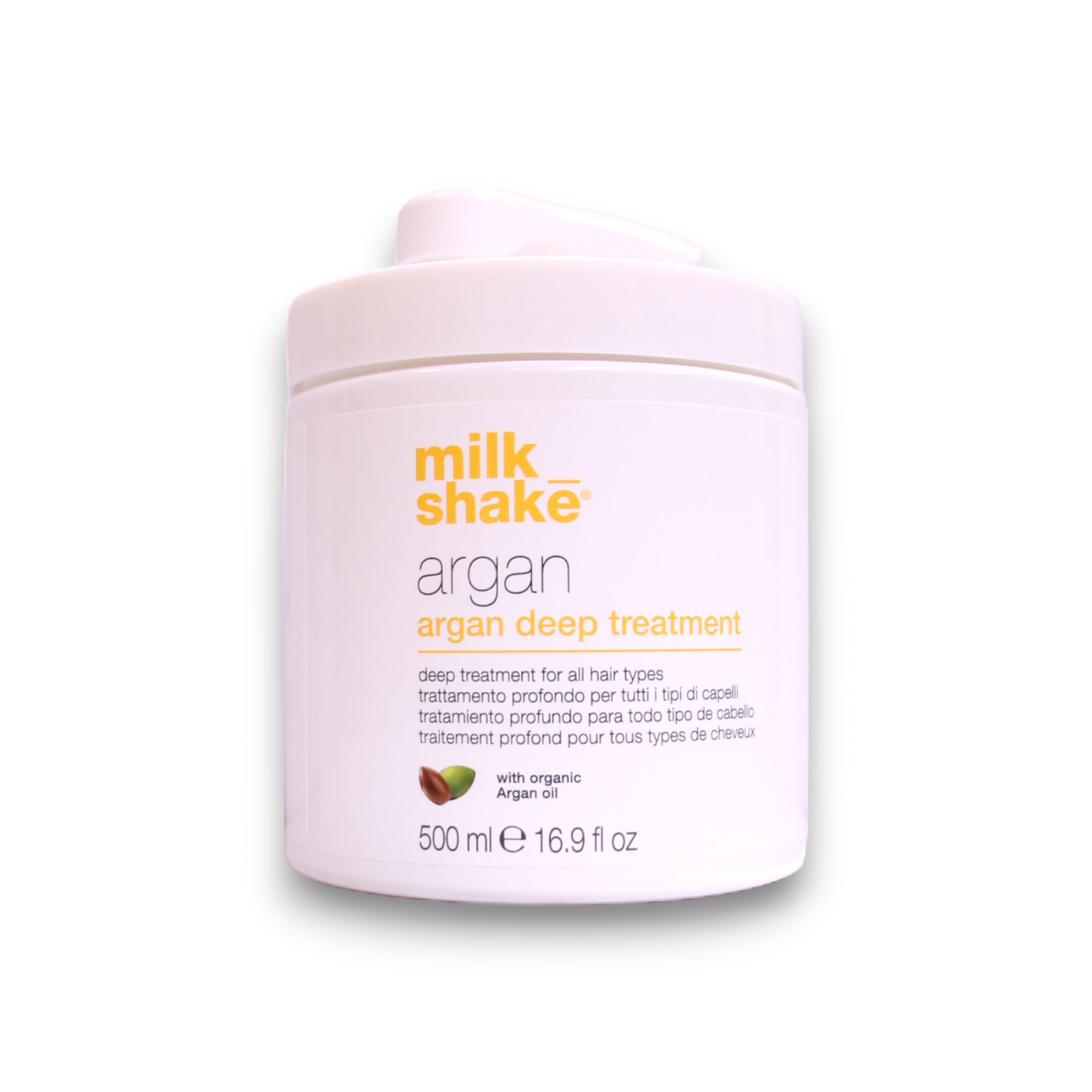 Pot blanc avec texte jaune milk_shake, Argan Deep Treatment. 500ml. Avec huile d'argan bio.