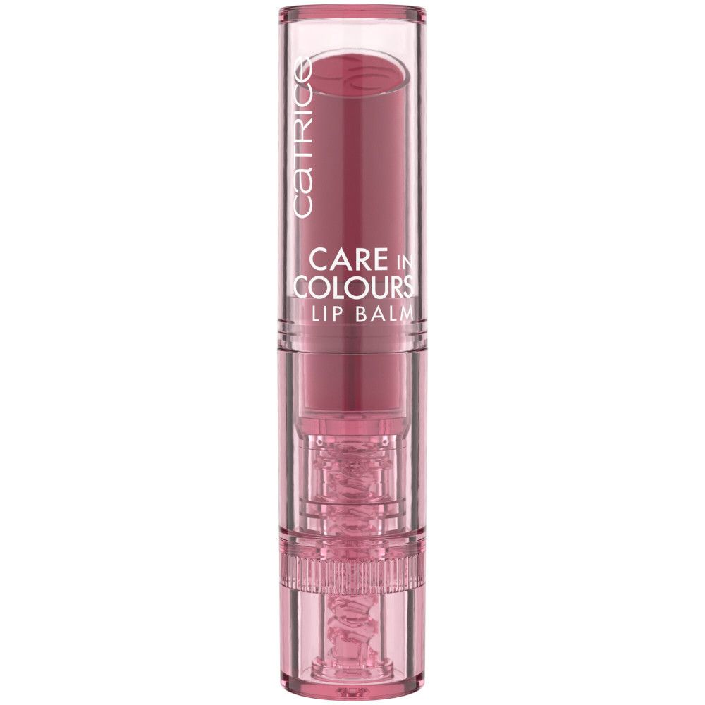 Baume à lèvres dans un étui transparent. Nom du produit et marque visibles : Catrice Care in Colours Lip Balm.
