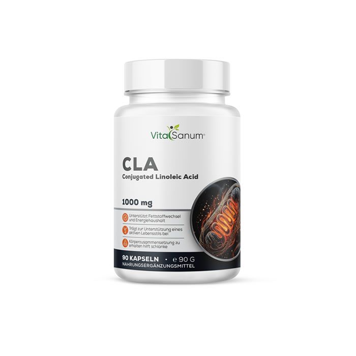 Witte fles VitaSanum CLA. Opschrift CLA, 1000 mg, 90 capsules. Afbeelding van een cel.