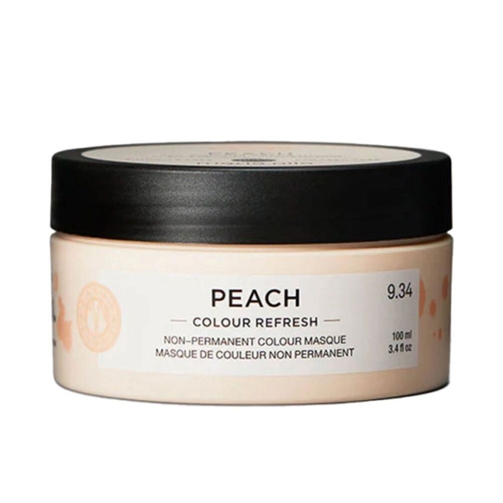 Beige pot met zwarte deksel. Opschrift: PEACH Colour Refresh, 9.34. Niet-permanente kleurmasker.