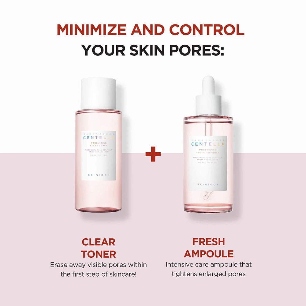 Twee flessen, serum en toner, naast elkaar. Tekst: 'MINIMIZE AND CONTROL YOUR SKIN PORES'. Merk SKIN1004 zichtbaar.