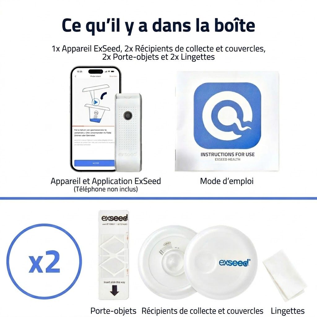 Contenu de la boîte ExSeed : appareil, écran d'application, instructions, 2x récipients de collecte avec couvercles, 2x porte-objets, 2x lingettes.