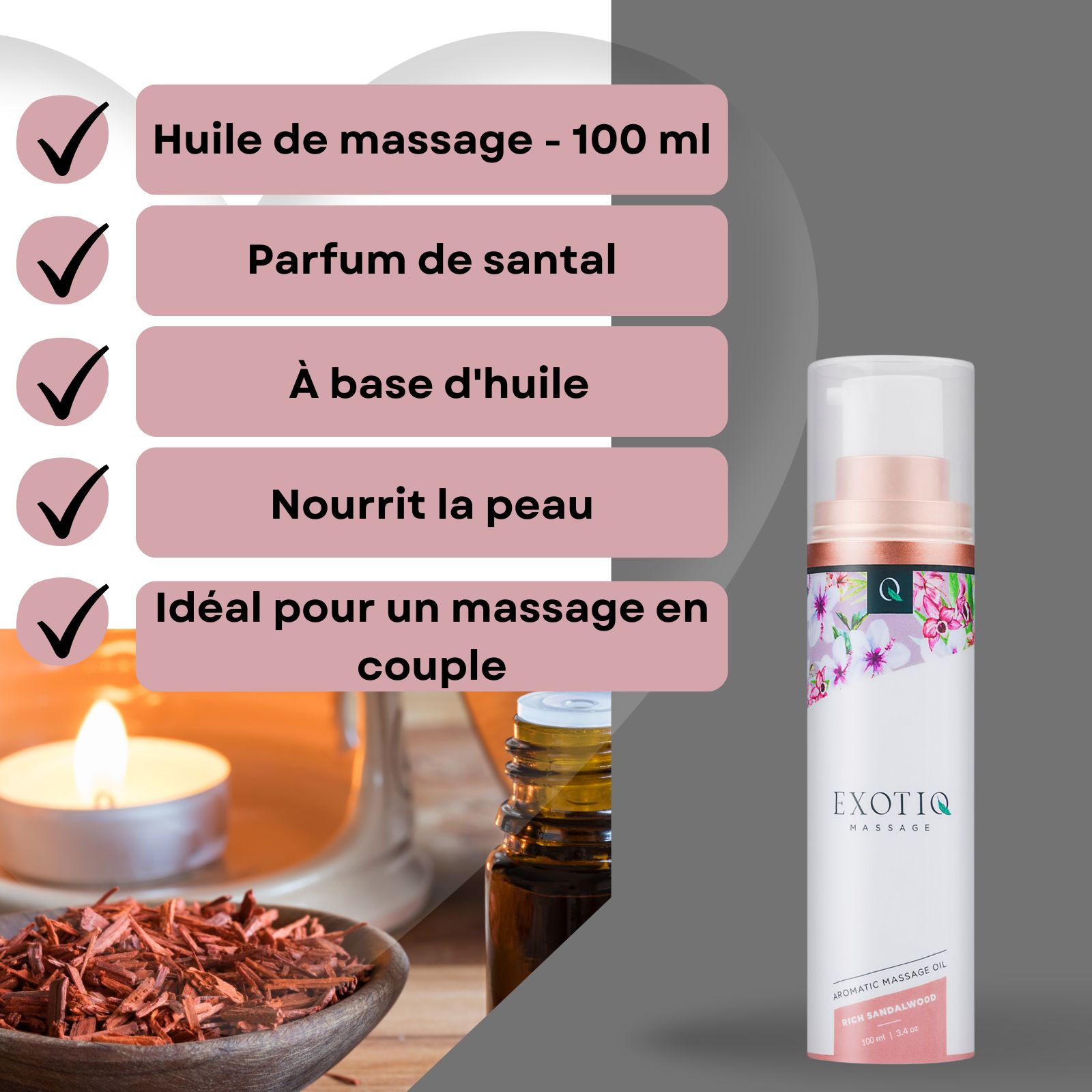 Produit avec cases à cocher: Huile de massage, bois de santal, à base d'huile, nourrit la peau, idéal en couple. Bougies, bois.