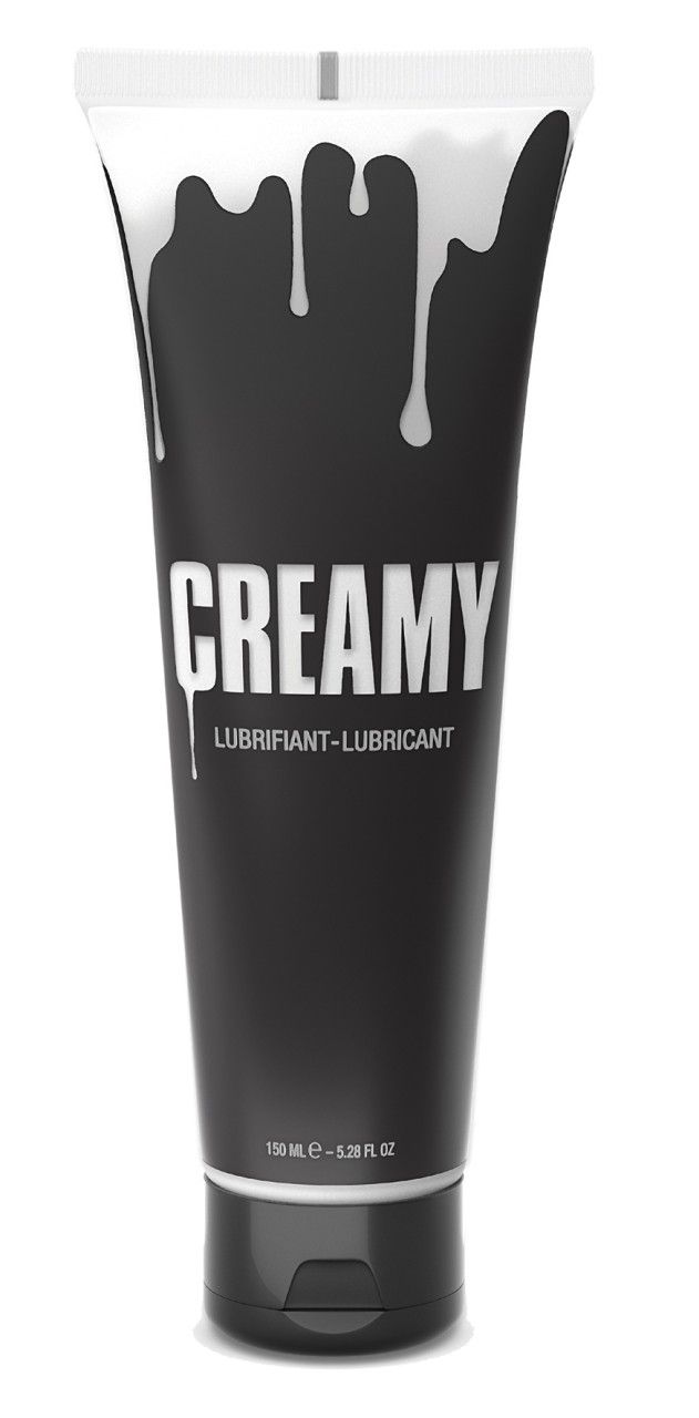 Tube noir avec un design blanc dégoulinant et l'inscription "CREAMY LUBRIFIANT-LUBRICANT".