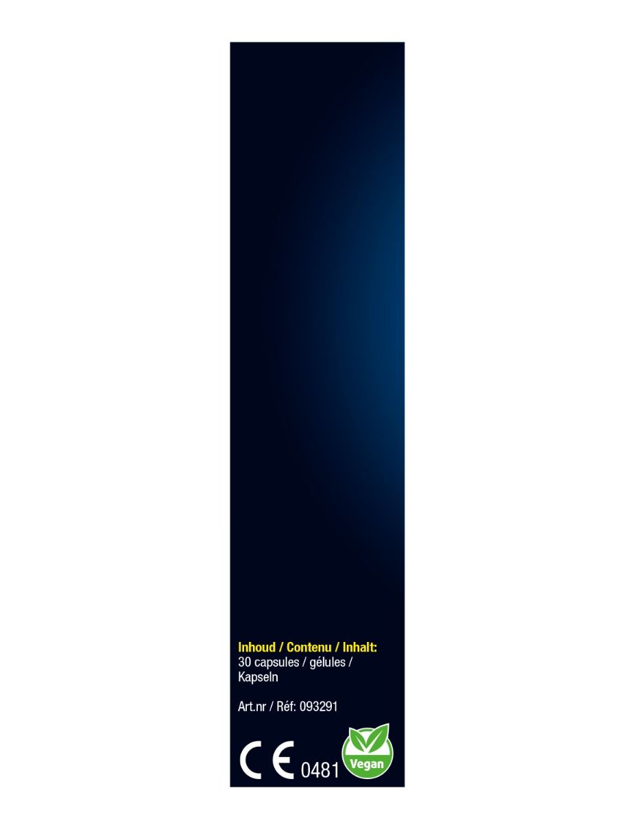 Donkerblauwe verpakking. Bevat 30 capsules. Vegan logo en CE-markering.