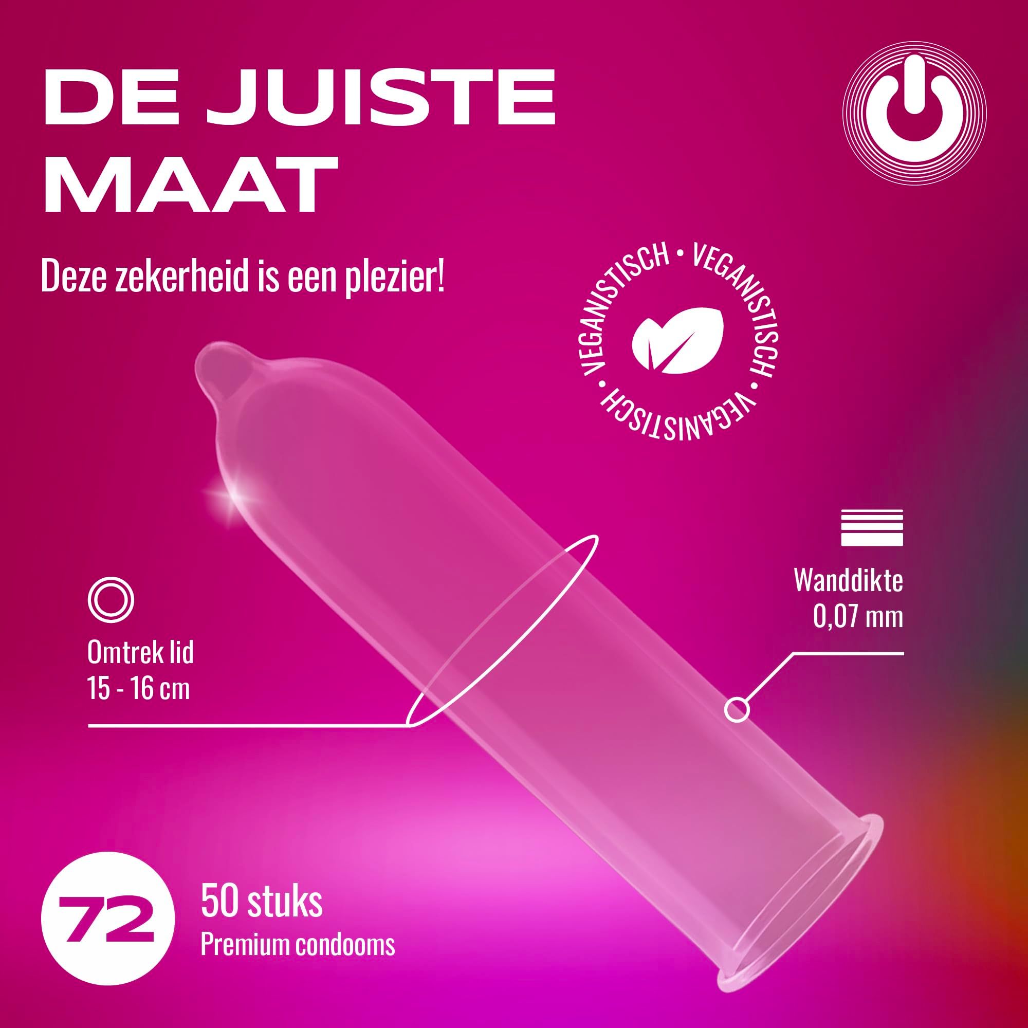 Een transparant condoom met reservoir, 0,07 mm wanddikte, vegan.