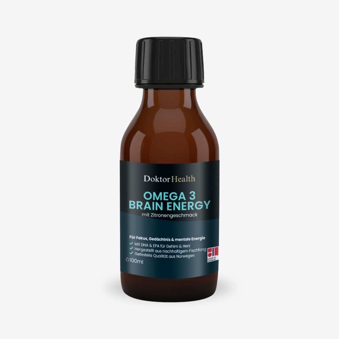 Bruine glazen fles met zwarte dop. Etiket met "Doktor Health Omega 3 BRAIN ENERGY". Tekst: "mit Zitronengeschmack".