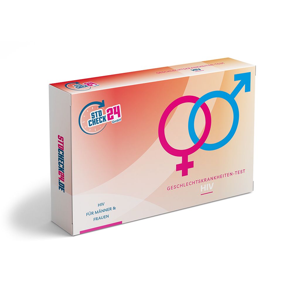 Testdoos. Logo en geslachts symbolen. Opschrift: Geslachtsziekte-test HIV. Voor mannen & vrouwen.