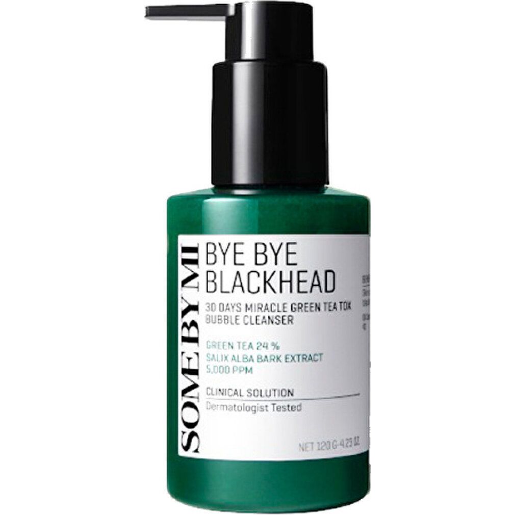 Flacon vert avec pompe noire. Texte: Bye Bye Blackhead, Green Tea 24%, Salix Alba Bark Extract. Marque: SOMEBYMI.