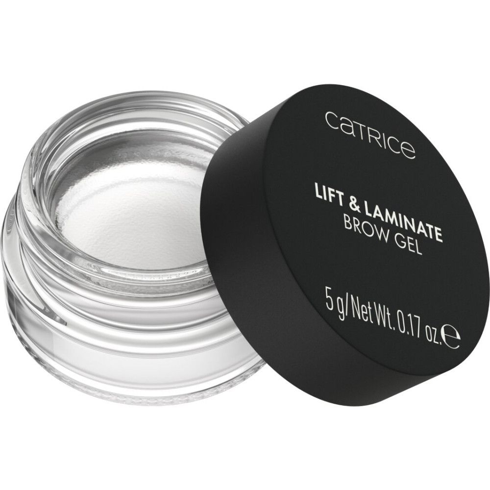 Catrice Gel Sourcils Lift & Laminate. Transparante gel in een glazen potje met zwarte deksel. Op de deksel staat "LIFT & LAMINATE BROW GEL".
