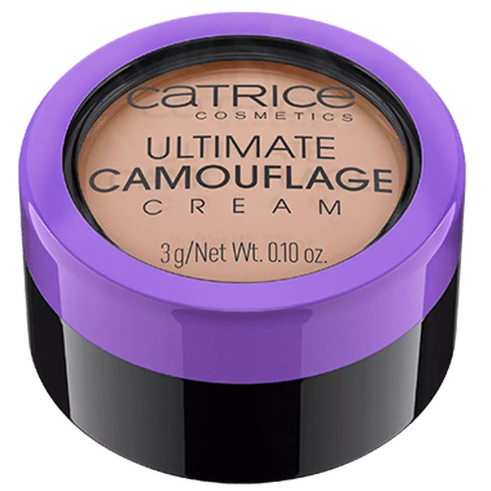 Correcteur crème Catrice Ultimate Camouflage. Pot fermé avec crème beige. Couvercle violet avec nom du produit et 3g/Net Wt. 0.10 oz.