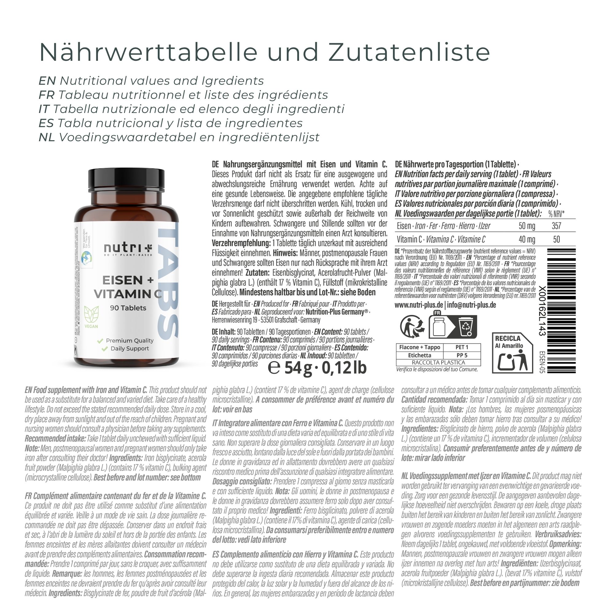 Voedingswaardetabel en ingrediëntenlijst voor nutri+ IJzer + Vitamine C tabletten. Bevat informatie in meerdere talen.