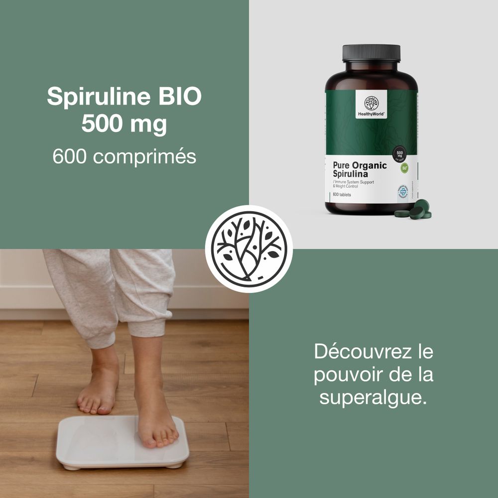 Spiruline BIO 500 mg, 600 comprimés. Personne sur une balance. Découvrez le pouvoir de la superalgue.