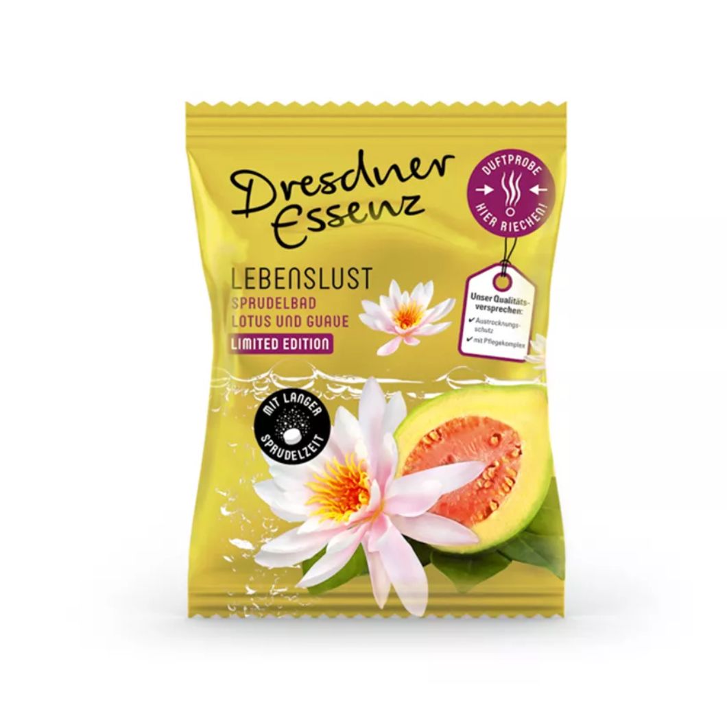 Gele verpakking Dresdner Essenz Lebenslust. Illustratie van lotusbloemen en guave. Met kwaliteitslabel.