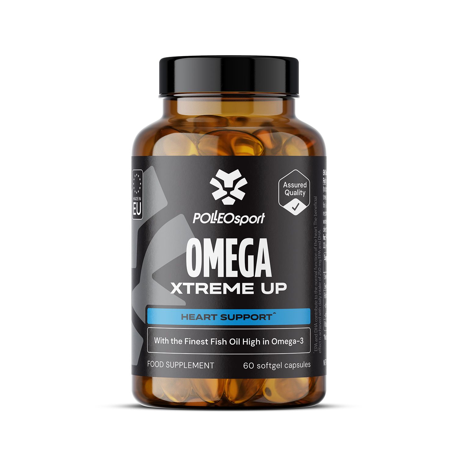 Bruine fles met zwarte dop en etiket. "PolleoSport Omega Xtreme UP" en "60 Softgel capsules" zijn zichtbaar. "Hartondersteuning" is ook aangegeven.