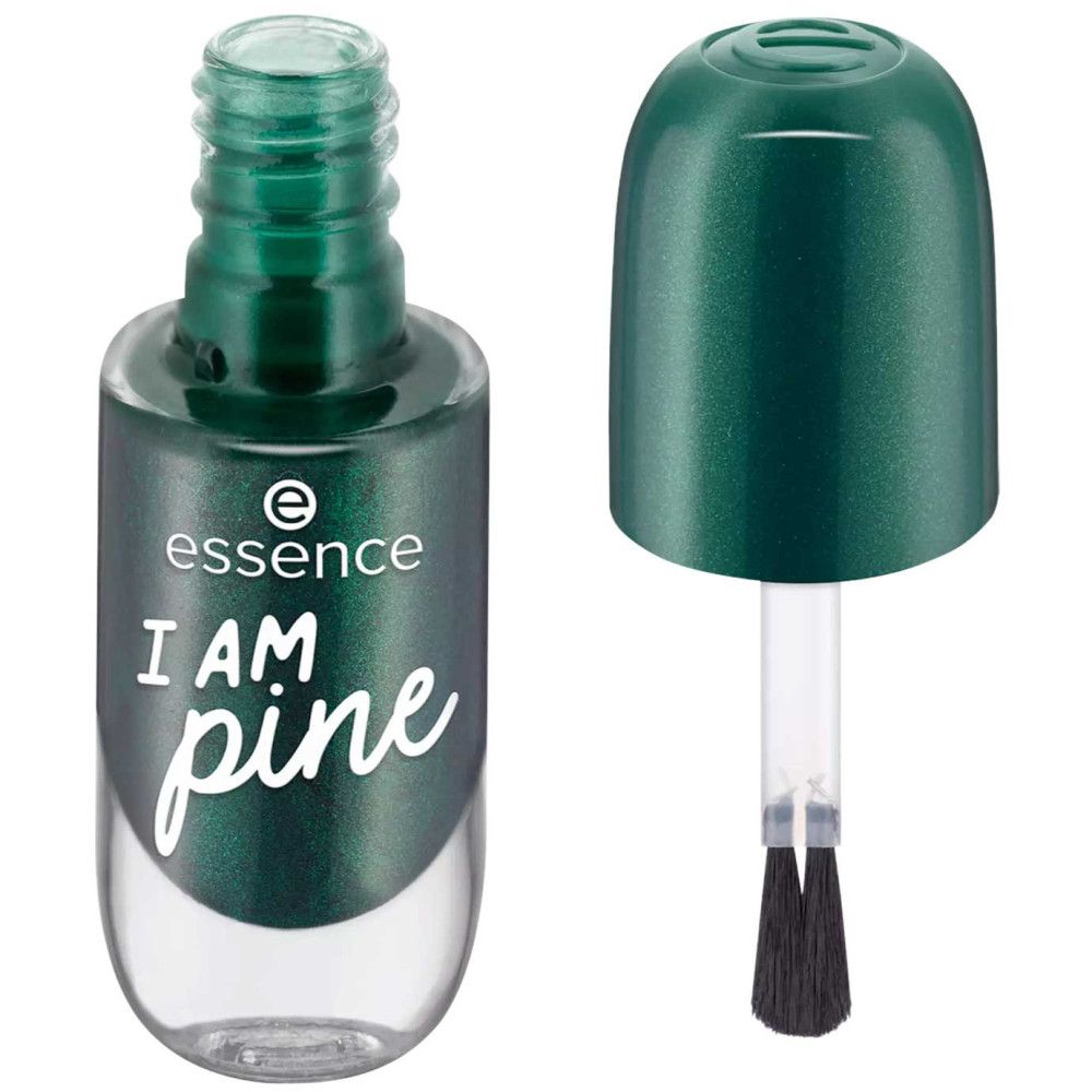 Flacon de vernis à ongles ouvert avec pinceau. Vernis vert, inscription 'I AM pine'. Bouchon à côté.