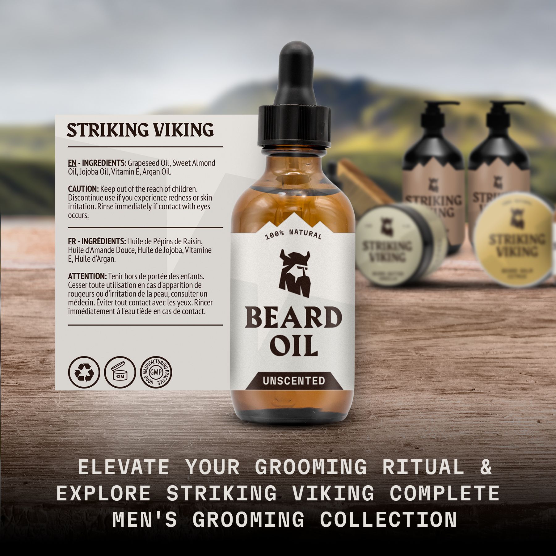Huile à barbe Striking Viking, 100% naturelle, non parfumée, en flacon de verre brun avec pipette.