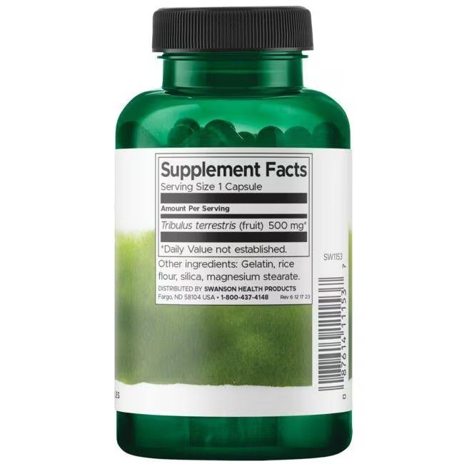 Dos du flacon vert. Inscription: Supplement Facts. Tribulus terrestris (fruit) 500 mg. Autres ingrédients: gélatine, farine de riz.