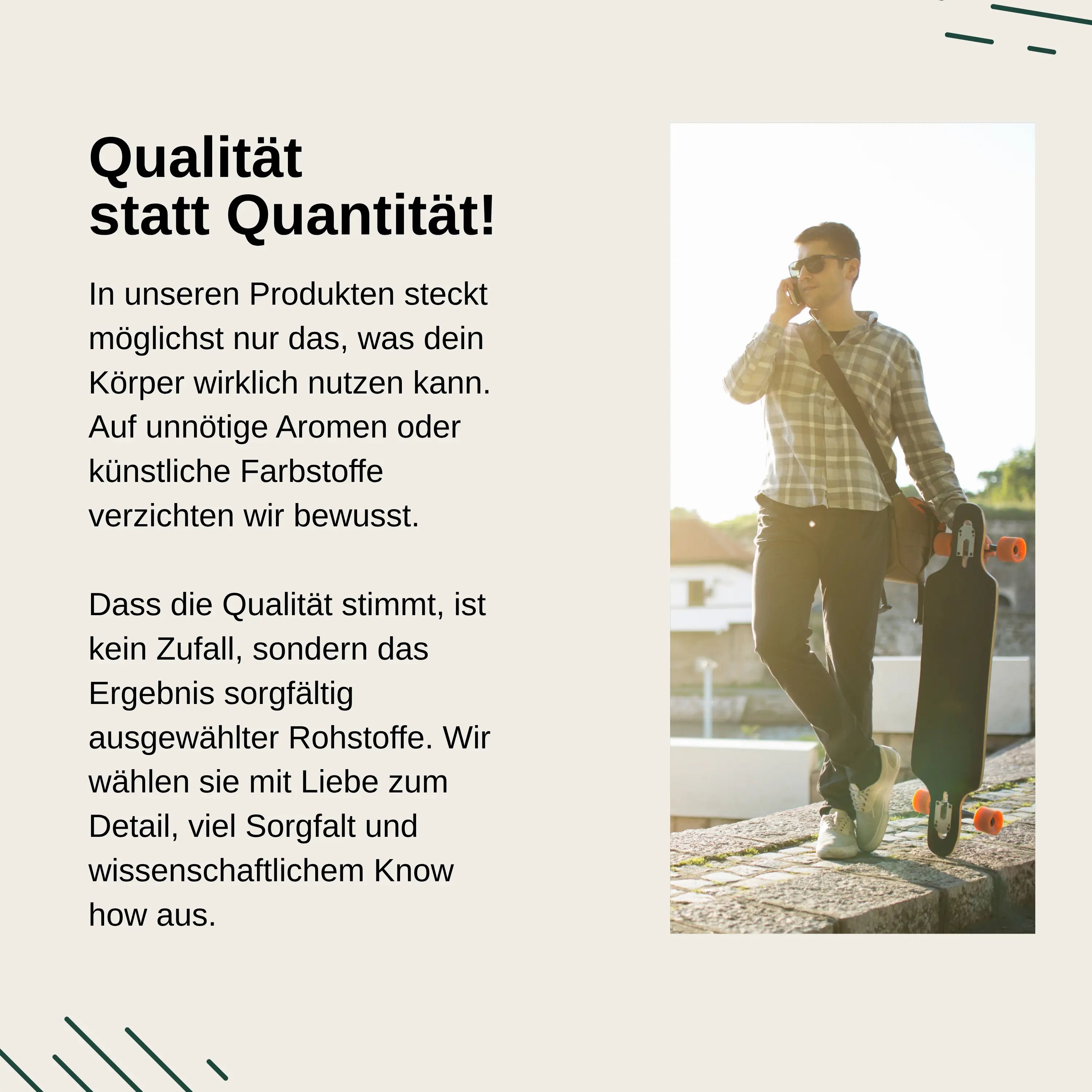 Homme avec skateboard et téléphone, représente la qualité et la sélection consciente des matières premières.
