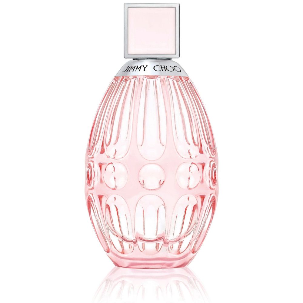 Flacon rose avec bouchon argenté. Inscription "JIMMY CHOO". Corps en forme de goutte avec surface cannelée.
