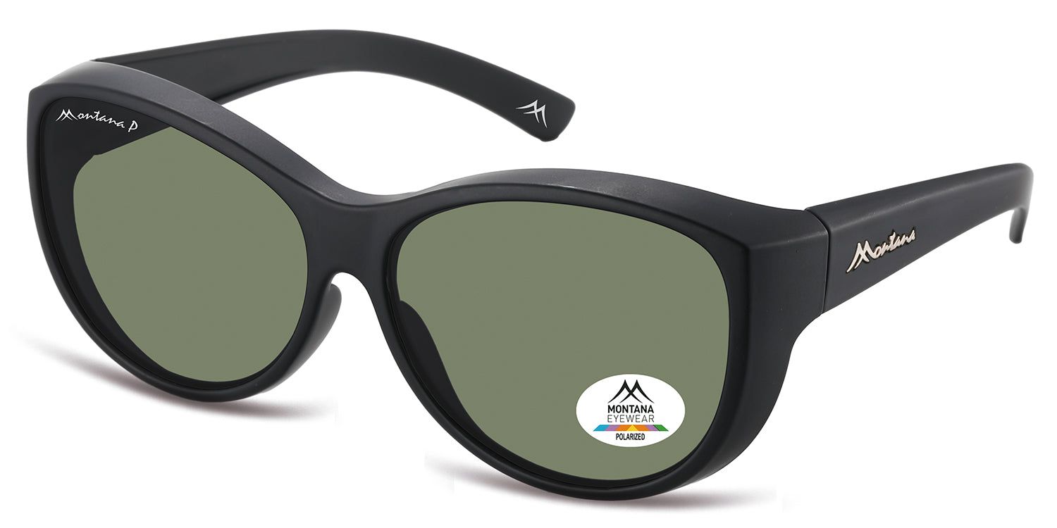 Zwarte zonnebril, zijaanzicht. Groene lens, Montana Eyewear logo op poot en lens. Gepolariseerd.