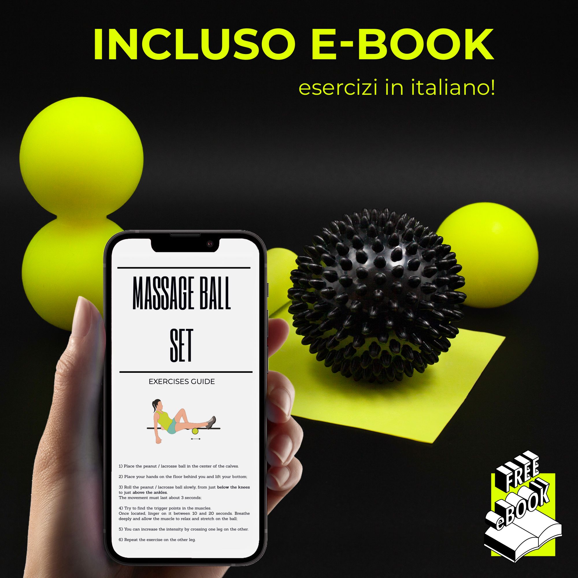 Main tenant un smartphone avec un e-book d'exercices à côté des ballons.