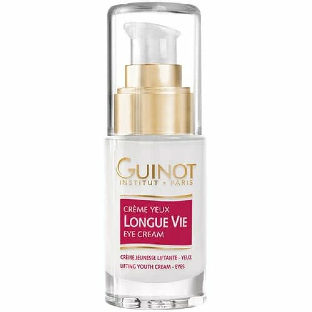 Guinot Crème Yeux Longue Vie. Transparante fles met gouden pomp en wit etiket. Rode strook met tekst.