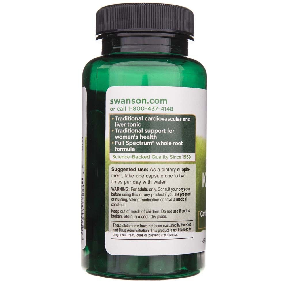 Achterkant van een groene fles Swanson Kudzu Root capsules met gebruiksinstructies.