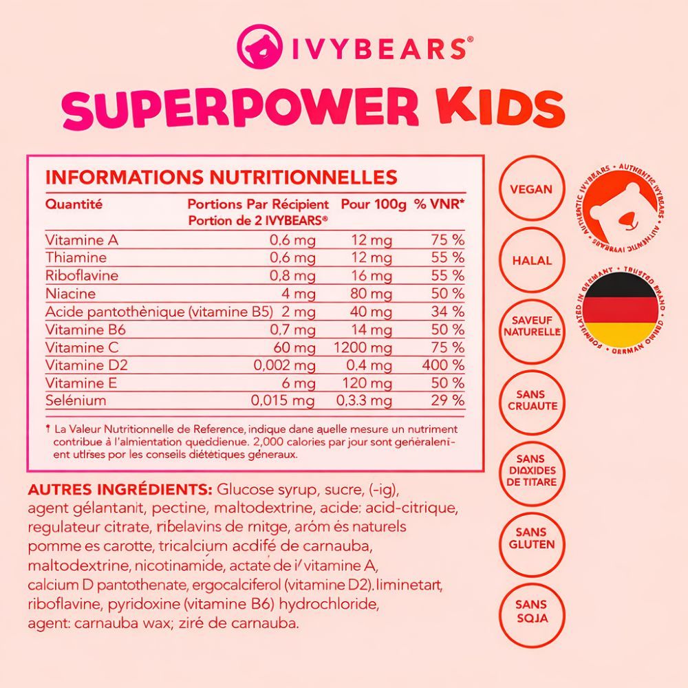 Enfant en imperméable jaune qui rit. Texte : Doux pouvoir vitaminé. Pour les défenses de l'enfant : renforcées et en bonne santé.