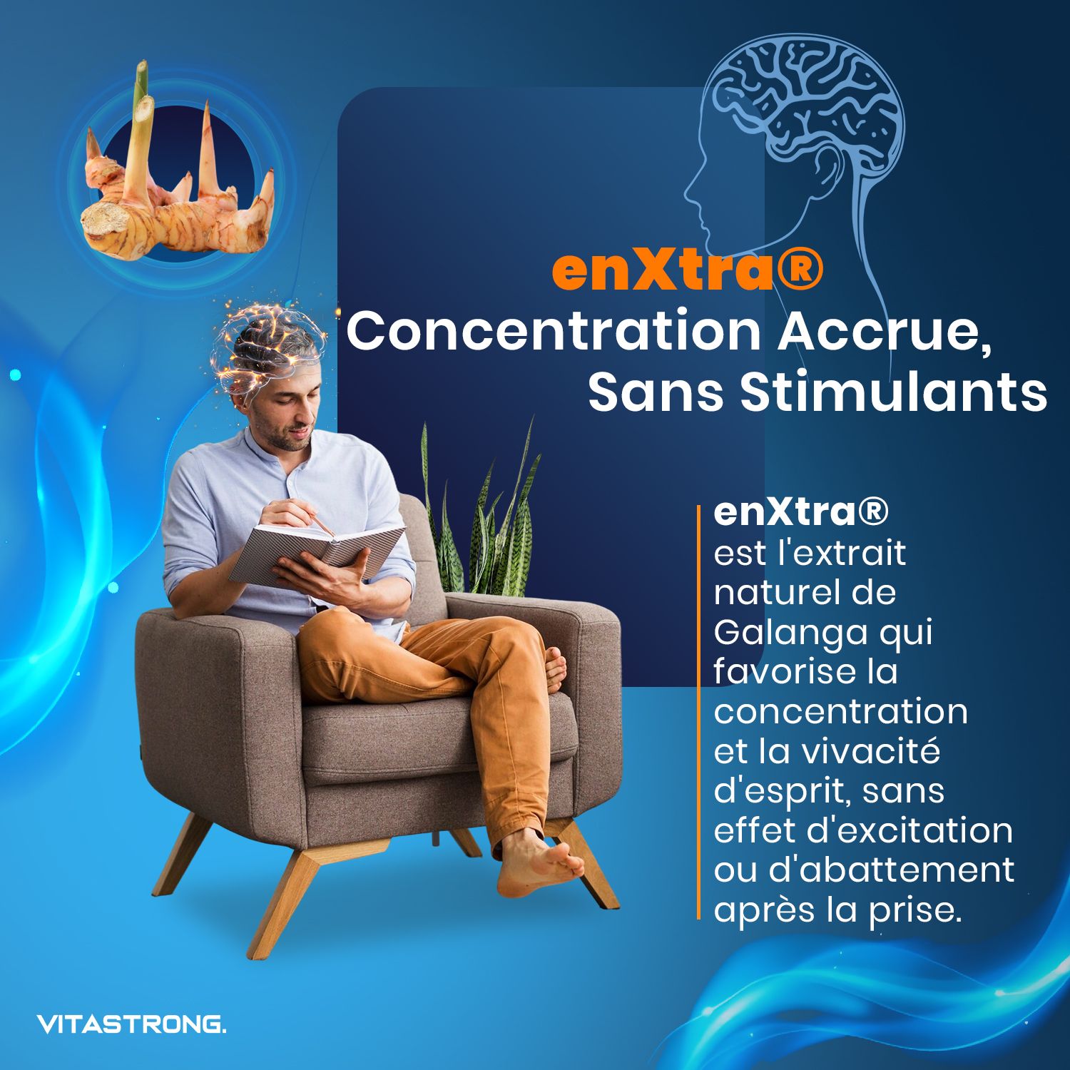 Publicité Vitastrong. Homme lisant un livre. Texte : enXtra, Concentration, sans stimulants. Extrait d'enXtra.