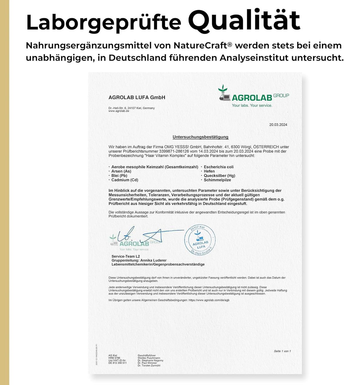 Certificaat van AgroLab LUFA. Tekst: Laboratoriumgeteste kwaliteit. Voedingssupplementen getest in Duitsland.