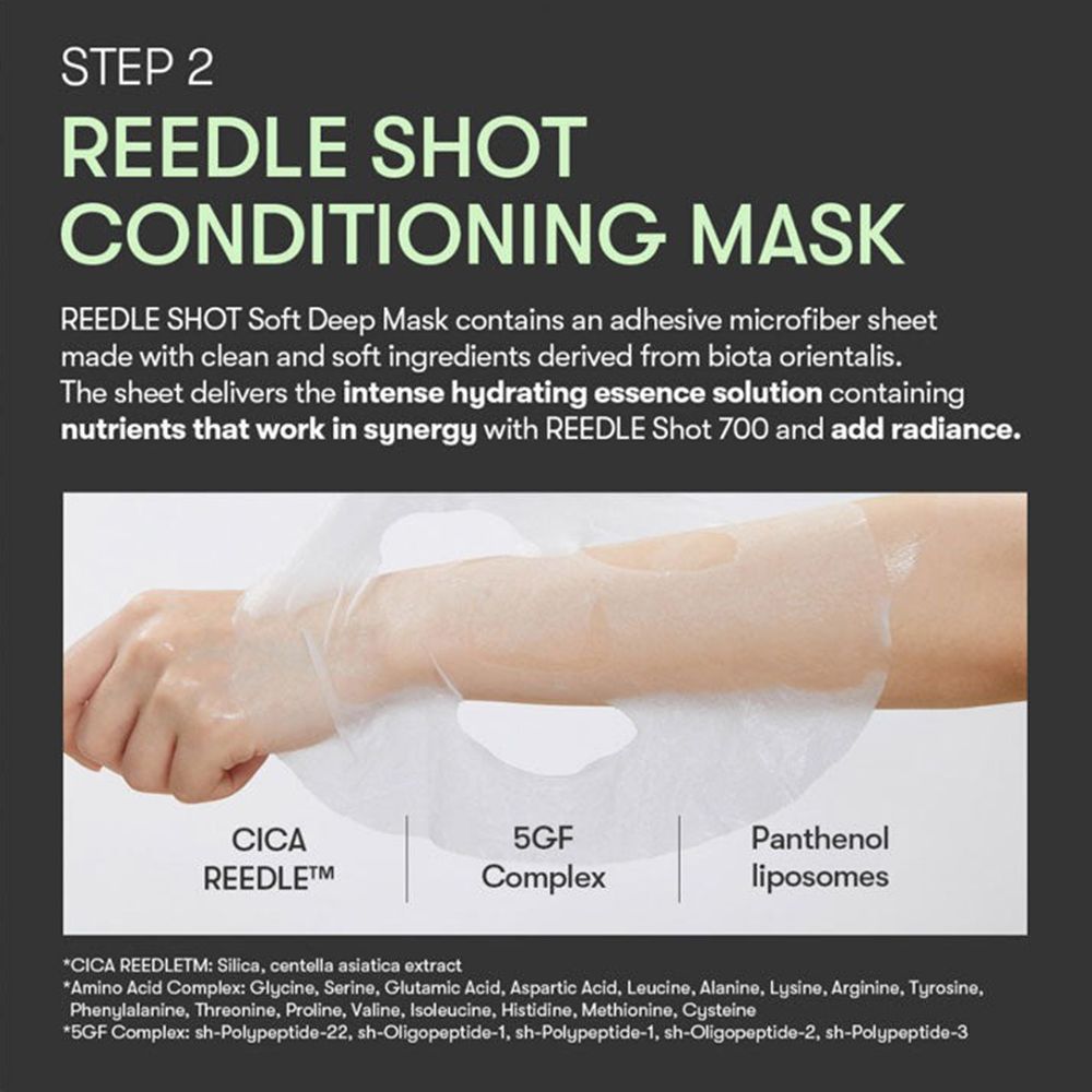 Tekstvak met opschrift: REEDLE SHOT CONDITIONING MASK. Beschrijft het masker. Ingrediënten: Cica Reedle, 5GF Complex, Panthenol.