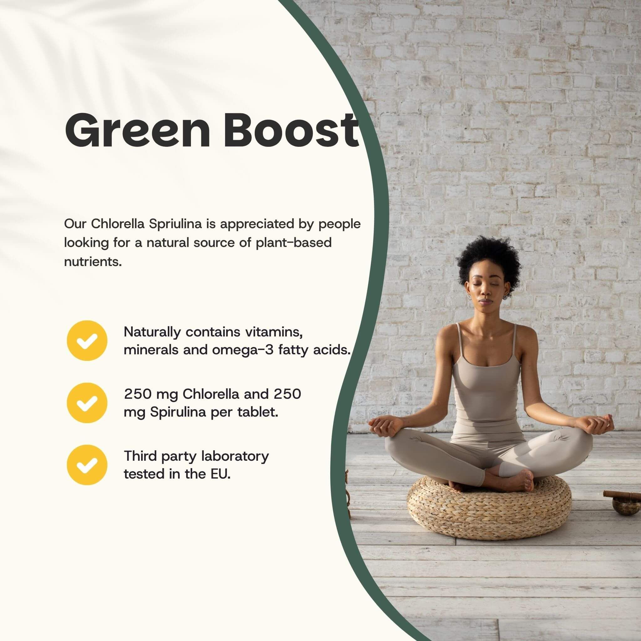 Femme assise en tailleur. Texte : Green Boost. Contient vitamines, minéraux et acides gras oméga-3.