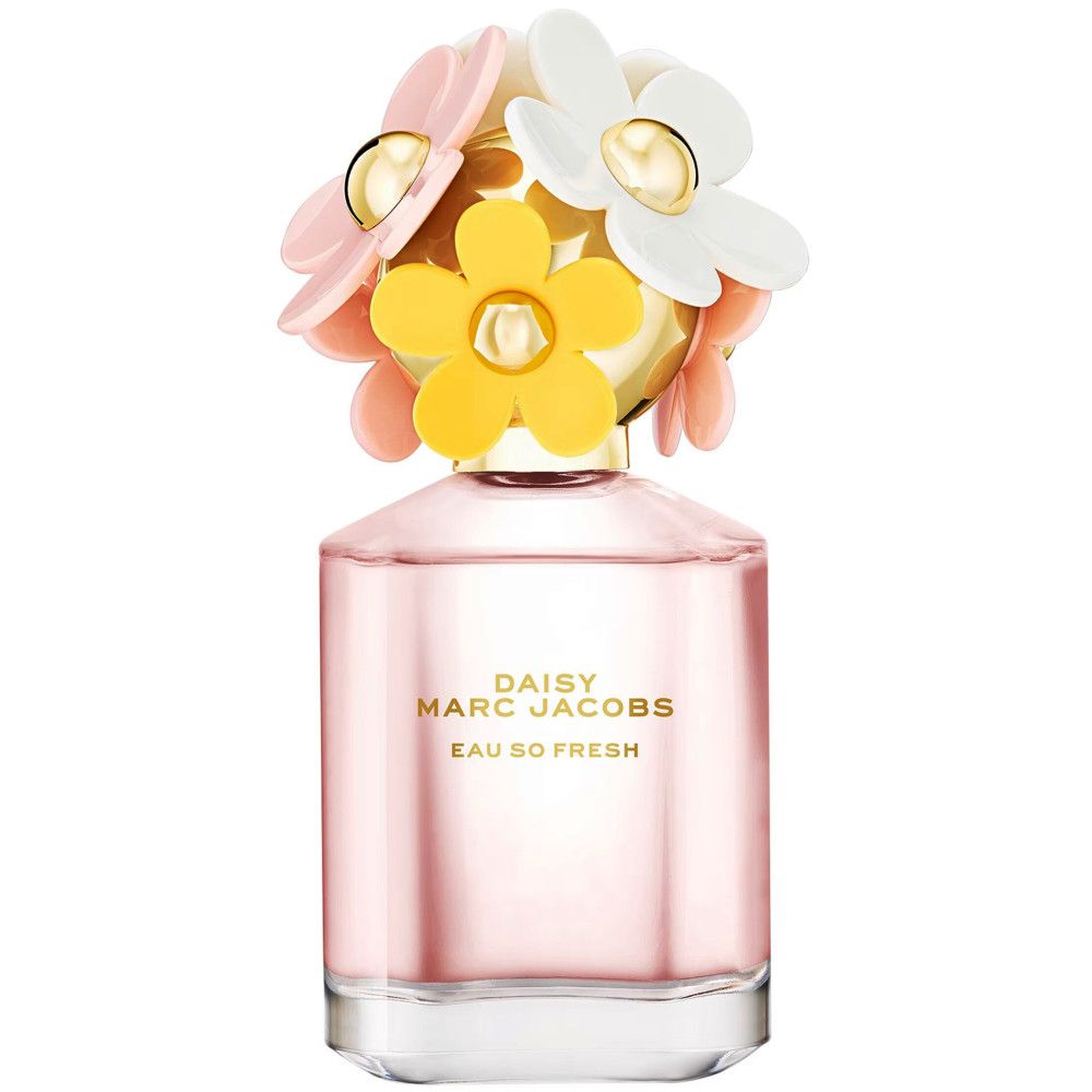 Flacon de parfum avec des fleurs colorées sur le bouchon. Inscription "DAISY MARC JACOBS EAU SO FRESH".