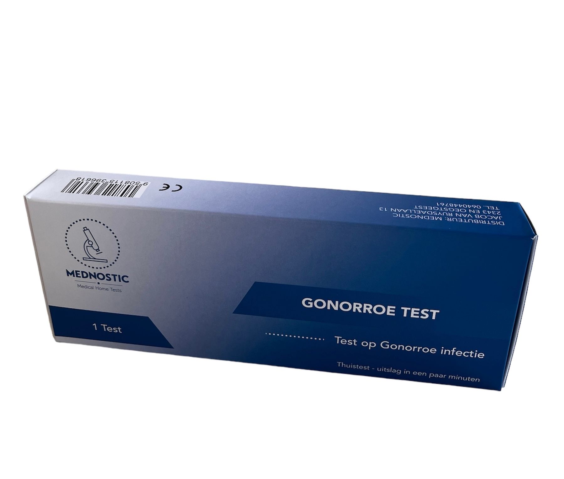 Kartonnen verpakking van de Mednostic Gonorroe sneltest. Blauwe en witte doos met productnaam en logo. Bevat één test.